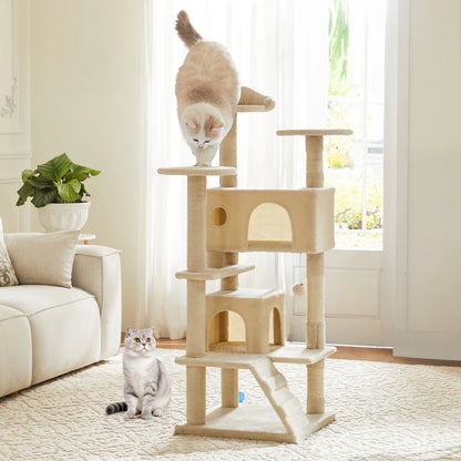 54in Tall Multi-Level Cat Tree Tower for Indoors. Pet Furniture Stable Kitty Play House with Sisal Scratching Post.
