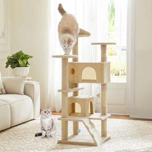 54in Tall Multi-Level Cat Tree Tower for Indoors. Pet Furniture Stable Kitty Play House with Sisal Scratching Post.