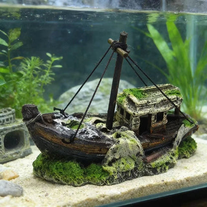 Aquarium Fish Tank Landscape. Wreck Ship Decor, Resin Boat Ornament, Mini Retro Boat Statues