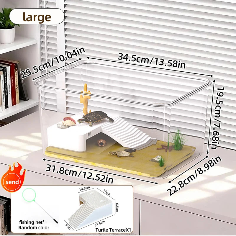 Transparent Reptile Terrarium Tank with Basking Area for Pet Turtles, Hermit Crabs, Tortoise - Turtle Adoption Habitat