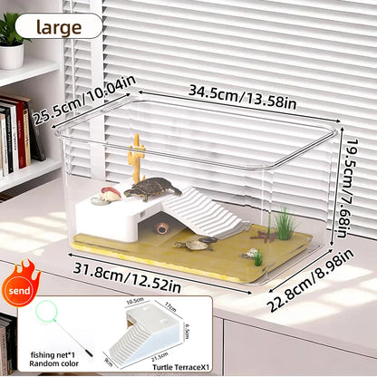 Transparent Reptile Terrarium Tank with Basking Area for Pet Turtles, Hermit Crabs, Tortoise - Turtle Adoption Habitat