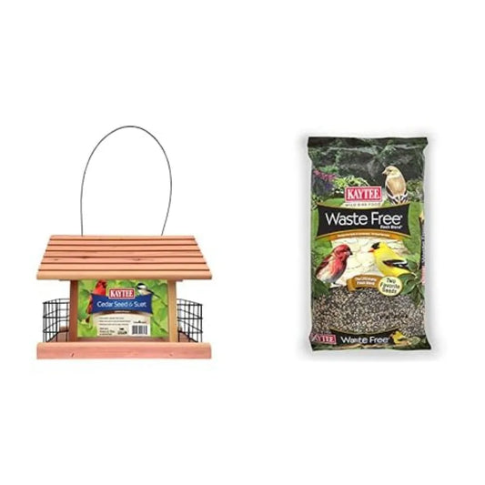 Wild Bird Cedar Seed and Suet Feeder with Waste Free Finch Bird Seed 8 lb Bundle