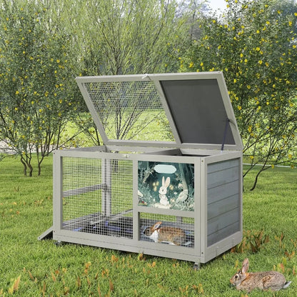 Fashionable Wood 36" Rabbit Hutch Indoor/Outdoor, on Wheels Bunny/Rabbit Cage with Clean Tray. Openable Roof