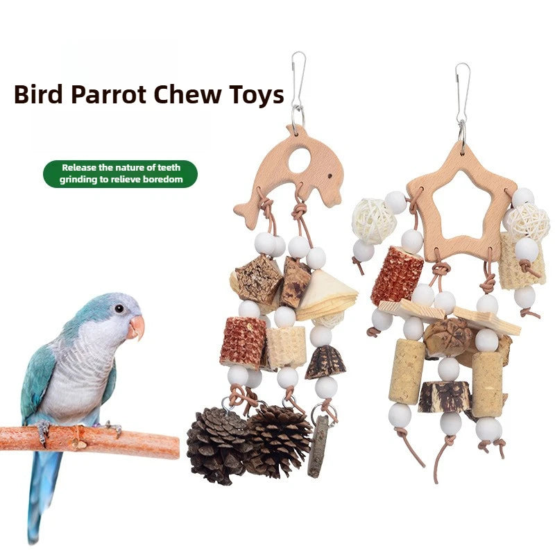 Natural Parrot Bird Toys. Wooden Nibble Chew Skewers/Pine Cones/Corncob/Cork. Foraging Hanging Tooth Grinding Cage Accessories