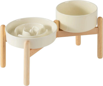 Ceramic Raised Slow Feeder Dog Bowl Set with Wooden Stand for Medium and Small Dogs, Anti-Gulping Design in Beige
