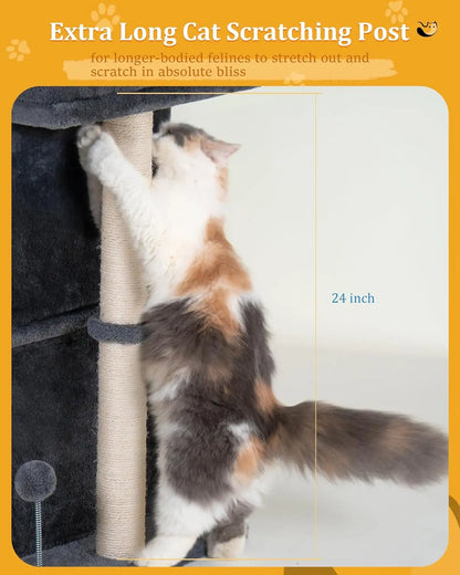 24in Cat Tree Tower with Scratching Post, Window Perch Bed for Large Cats, 2 Condo Cubbies for Kittens, Dark Gray