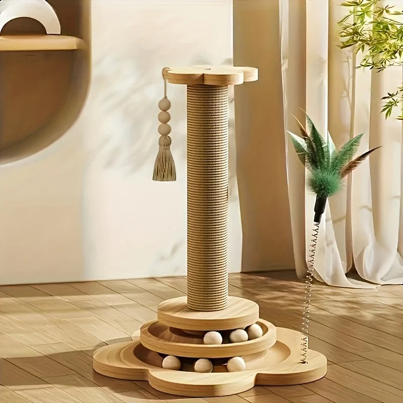1pc, high-quality cat scratch board with rotating platform - wooden fiber chew toy, durable and non shedding cat tree stand, vertical