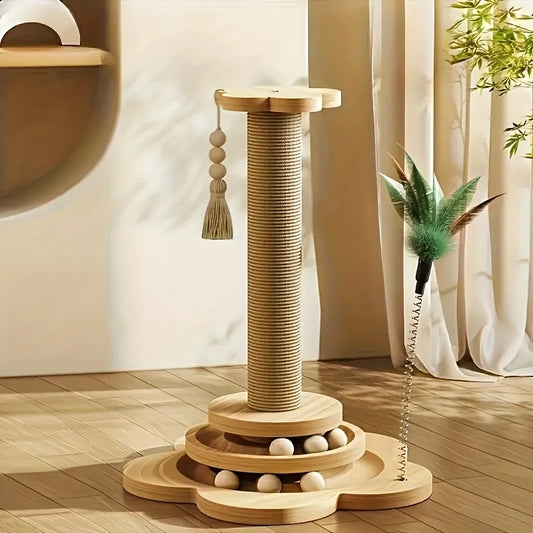 1pc, high-quality cat scratch board with rotating platform - wooden fiber chew toy, durable and non shedding cat tree stand, vertical