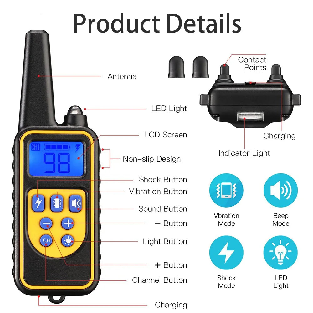 Electric Pet Dog Training Collar. Shock Training Collar. Electronic, Remote Control, Waterproof, Rechargeable
