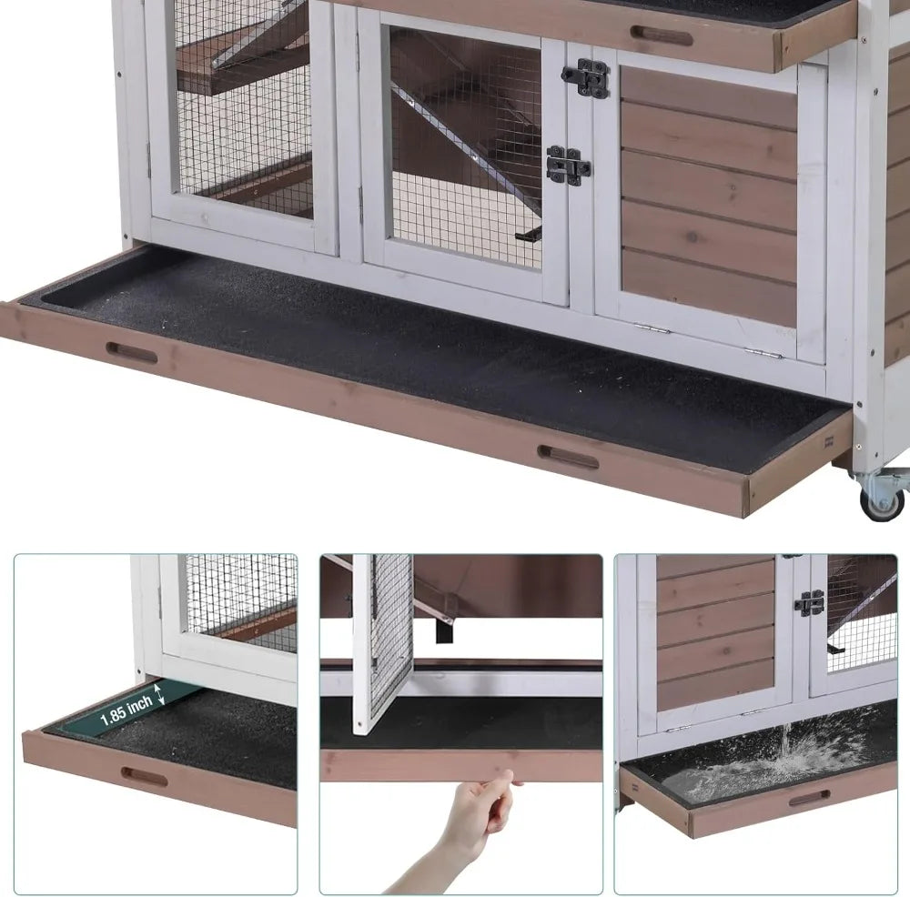 Rabbit Hutch, Indoor.  Guinea Pig Cage with Sliding Plastic Trays, Wheels & Ramp, Multi-Door, Wooden. Small Animal Cage