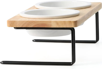 Elevated Cat Ceramic Bowls,15° Tilted & Raised Food Feeding Dishes, Solid Bamboo Water Stand & Feeder Set for Cats and Puppies