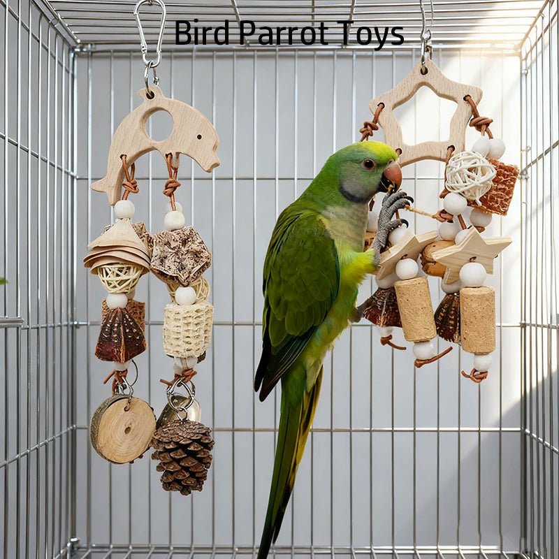Natural Parrot Bird Toys. Wooden Nibble Chew Skewers/Pine Cones/Corncob/Cork. Foraging Hanging Tooth Grinding Cage Accessories