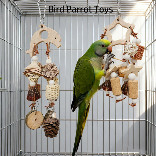 Natural Parrot Bird Toys. Wooden Nibble Chew Skewers/Pine Cones/Corncob/Cork. Foraging Hanging Tooth Grinding Cage Accessories