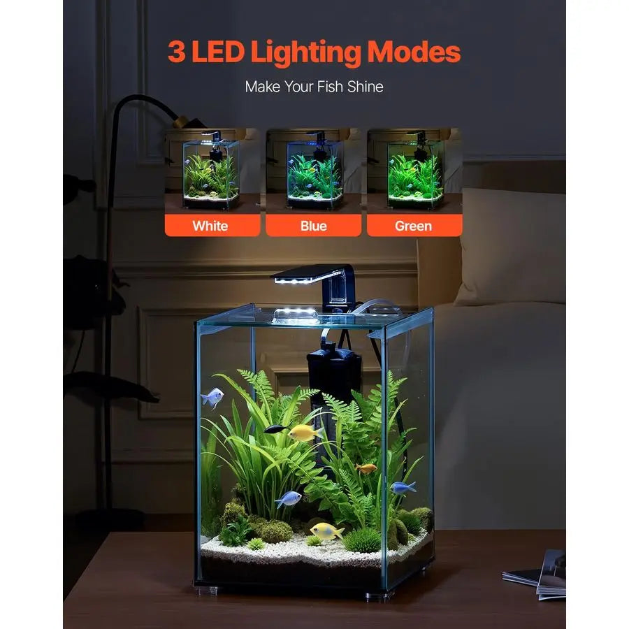 Fish Tank Aquarium, 5 Gallon Square UltraClear Glass Starter Smart Tank Adjustable 3 Color Lighting, Self Cleaning System Fishbowl