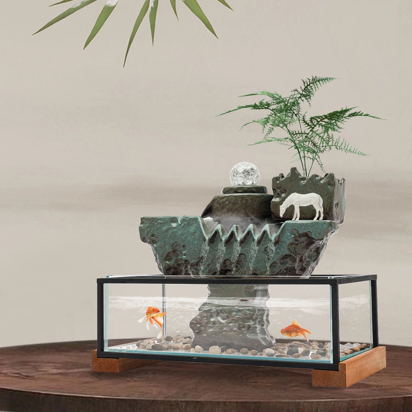 Clear Tabletop Eco Fish Tank Water Fountains, Rectangular Indoor Water Fall Decor for Meditation with Mist for Good Luck Wealth