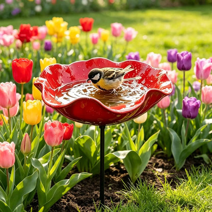 Bird Bath. Flower Shaped Metal Birdbath with Ground Stake. Water Feeder Bowl for Outdoor Garden/Patio.  Decorative Wild Bird Feeder