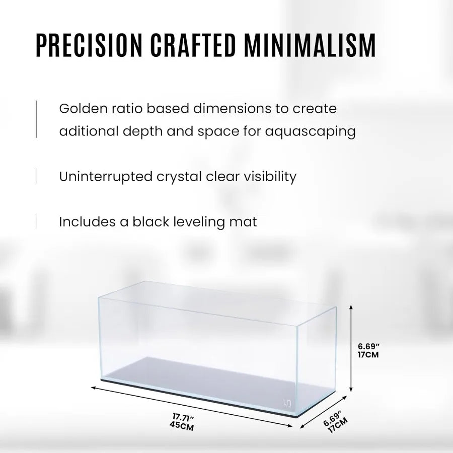 UNS Ultra Clear Rimless Fish Tank with 45 Mitered Edge and Leveling Mat Included 3.4GAL 13L Capacity 17.71x6.69x6.69 in 45x17x1