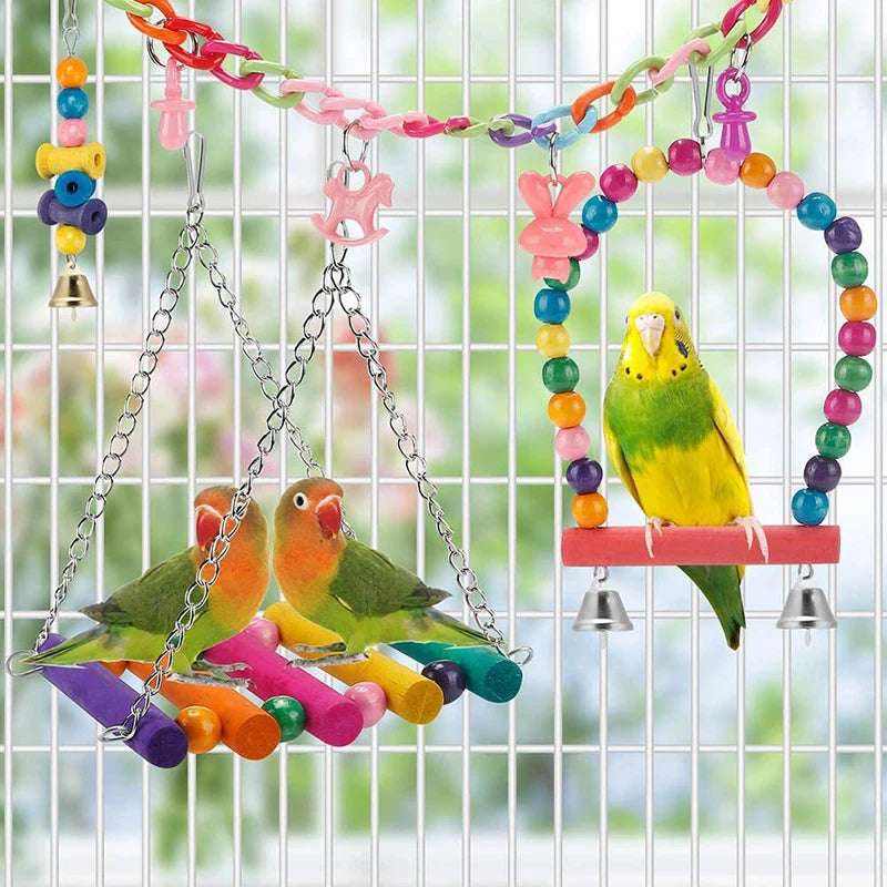 Bird Cage Toys for Parrots. Wood Birds Swing. Reliable, Chewable Bite Bridge. Wooden Beads Shape. Parrot Toy, 11pcs Bird Toys