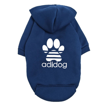 "Adidog" Style Dog Hoodie - Fleece Lined Pet Sweatshirt with Paw Logo - Casual Small Dog Outfit Jumper - Grey