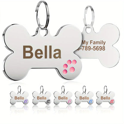 Custom Engraved Bone-Shaped Dog Tag - Personalized Pet ID Tag with Paw Print Design, Durable Metal Slide-On Collar Name Tag