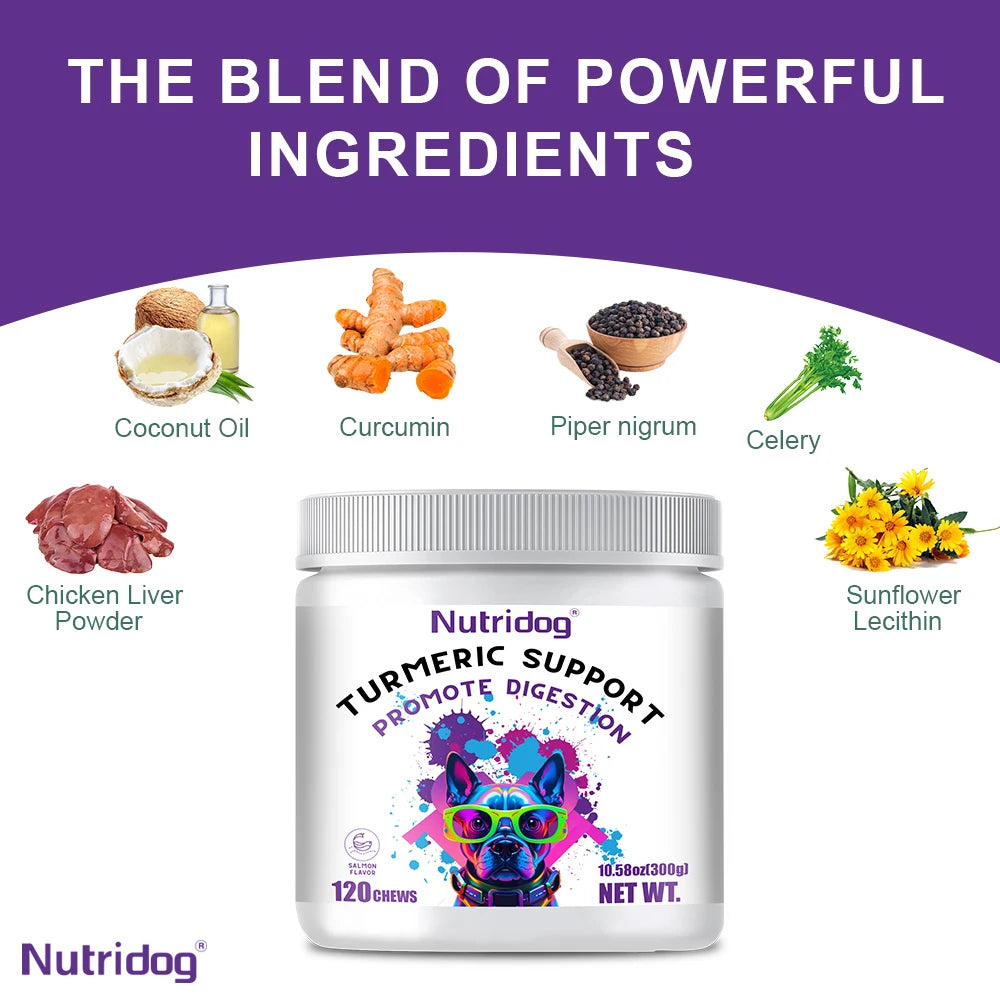 Turmeric Chews For Dog - Anti-inflammatory joint care. Contains glucosamine & chondroitin - Digestive support-120 soft chews