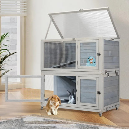 Weatherproof Wooden Rabbit Hutch for Indoor/ Outdoor Use with Two Stories. Portable Pet House with Wheels Easy-to-Clean & Pull-Out