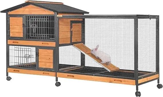 Rabbit Hutch with Chew-Resistant Metal Frame. Indoor Bunny Cage, Outdoor Rabbit Cage with Wheels and Leakproof Tray