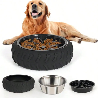 3-in-1 Stainless Steel, Slow Feed Dog Bowl - Non-Slip Suction Cup Feeder