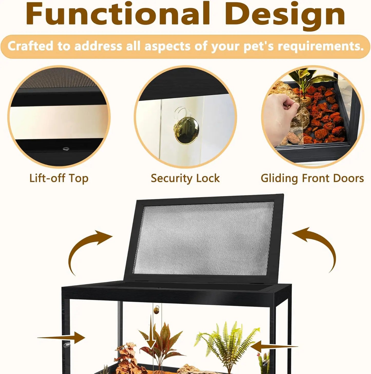 Reptile Tank with Mesh Roof and Sliding Door, Spacious Enclosure for Snakes, Lizards, Iguanas (Black, 27 Gallon)