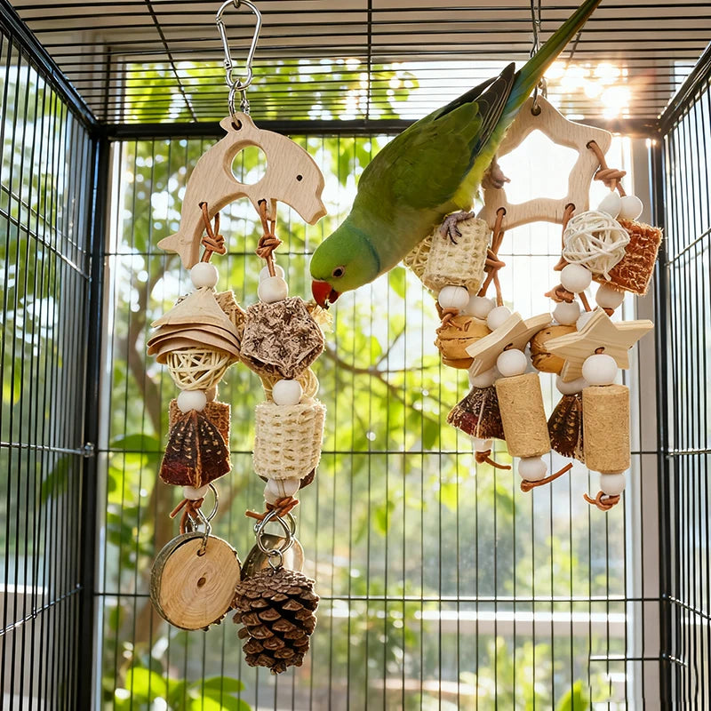 Natural Parrot Bird Toys. Wooden Nibble Chew Skewers/Pine Cones/Corncob/Cork. Foraging Hanging Tooth Grinding Cage Accessories