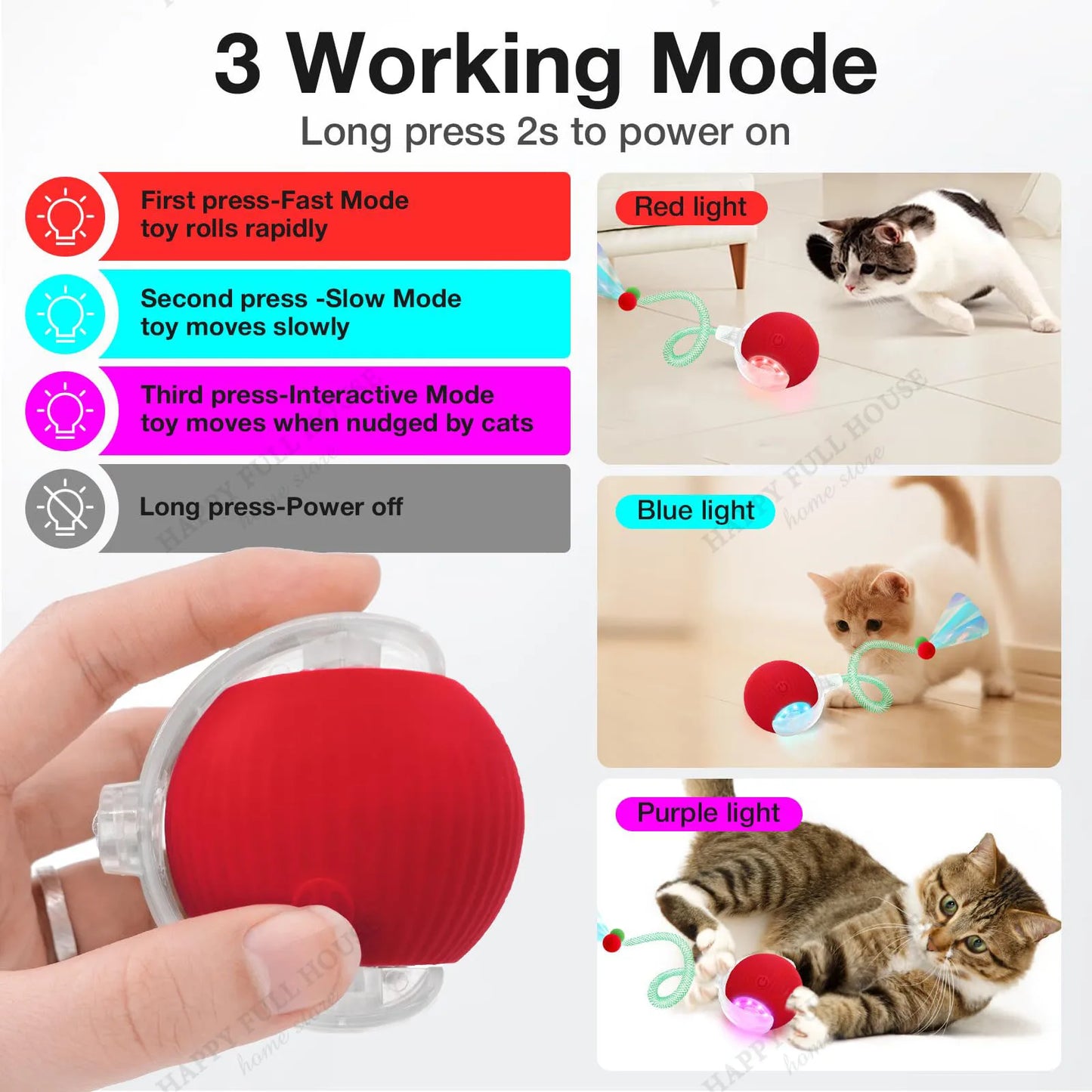Cat Toys, Interactive with 3 Play Modes, Automatic Cat Toys, Electric Moving Ball for Indoor Bored Kitten & Adult Cats