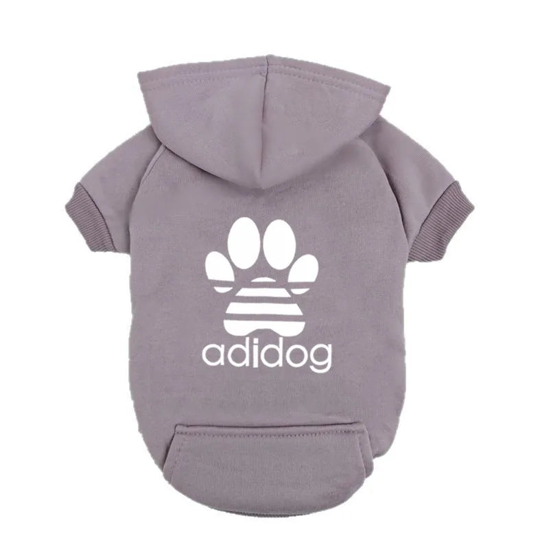"Adidog" Style Dog Hoodie - Fleece Lined Pet Sweatshirt with Paw Logo - Casual Small Dog Outfit Jumper - Grey