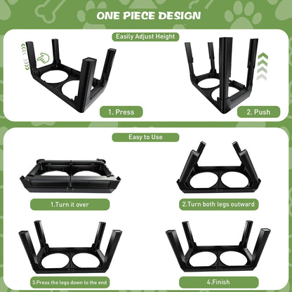 Elevated Dog Bowls - 5 Heights, Adjustable.  2 Stainless Steel Bowls for Small ,Medium & Large Dogs or Cats