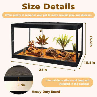 Reptile Tank with Mesh Roof and Sliding Door, Spacious Enclosure for Snakes, Lizards, Iguanas (Black, 27 Gallon)