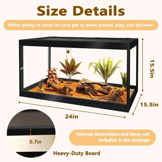 Reptile Tank with Mesh Roof and Sliding Door, Spacious Enclosure for Snakes, Lizards, Iguanas (Black, 27 Gallon)
