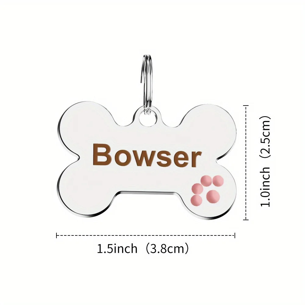 Custom Engraved Bone-Shaped Dog Tag - Personalized Pet ID Tag with Paw Print Design, Durable Metal Slide-On Collar Name Tag
