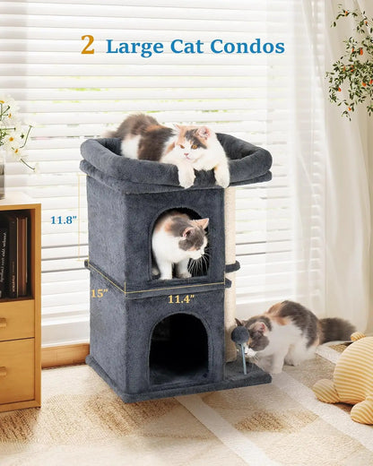 24in Cat Tree Tower with Scratching Post, Window Perch Bed for Large Cats, 2 Condo Cubbies for Kittens, Dark Gray