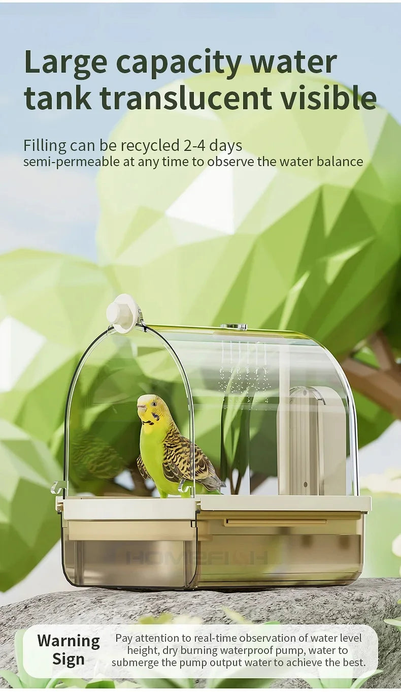 Clear Hanging Bird Bath. Automatic Water Circulation. Bath/ Shower For Birds. Easy to clean, Space Saving Design Bird Cage Accessory