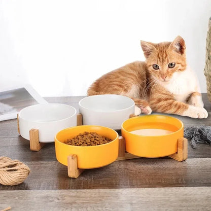 Ceramic Pet Bowl  With Wood Stand. No Spill Pet Double Bowl For Dogs & Cats Food & Water Feeder. Cats & Small Dogs