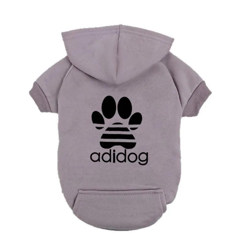 "Adidog" Style Dog Hoodie - Fleece Lined Pet Sweatshirt with Paw Logo - Casual Small Dog Outfit Jumper - Grey