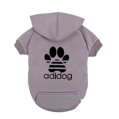 "Adidog" Style Dog Hoodie - Fleece Lined Pet Sweatshirt with Paw Logo - Casual Small Dog Outfit Jumper - Grey