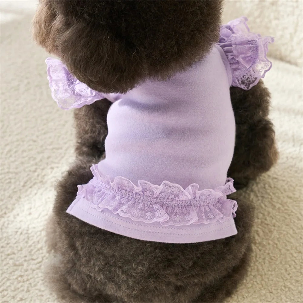 Lace Pet Summer Vest. Soft, Flying Sleeve, Base Skirt, Breathable Dog Clothes.