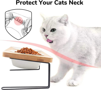Elevated Cat Ceramic Bowls,15° Tilted & Raised Food Feeding Dishes, Solid Bamboo Water Stand & Feeder Set for Cats and Puppies