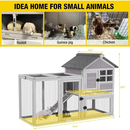 103.2 L Rabbit Hutch Indoor Outdoor Bunny Cage with Run Guinea Pig House. Pull Out Upper Tray for Large-Scale Pet Enclosure in H