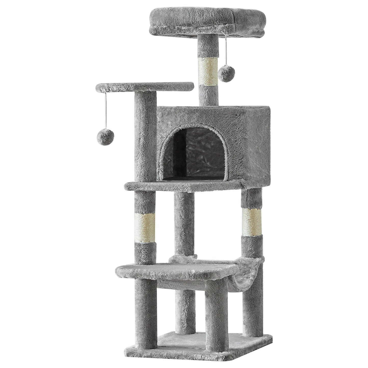 44In Cat Tree, Tall, Multi-Cat Climbing Tower. Natural Sisal Scratching Posts. Stable Pet House for Indoor Cats