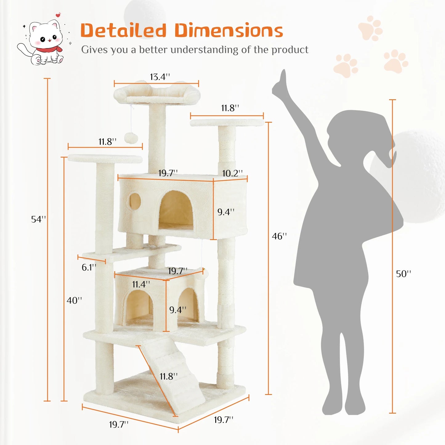 54in Tall Multi-Level Cat Tree Tower for Indoors. Pet Furniture Stable Kitty Play House with Sisal Scratching Post.
