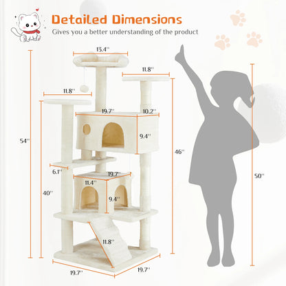54in Tall Multi-Level Cat Tree Tower for Indoors. Pet Furniture Stable Kitty Play House with Sisal Scratching Post.