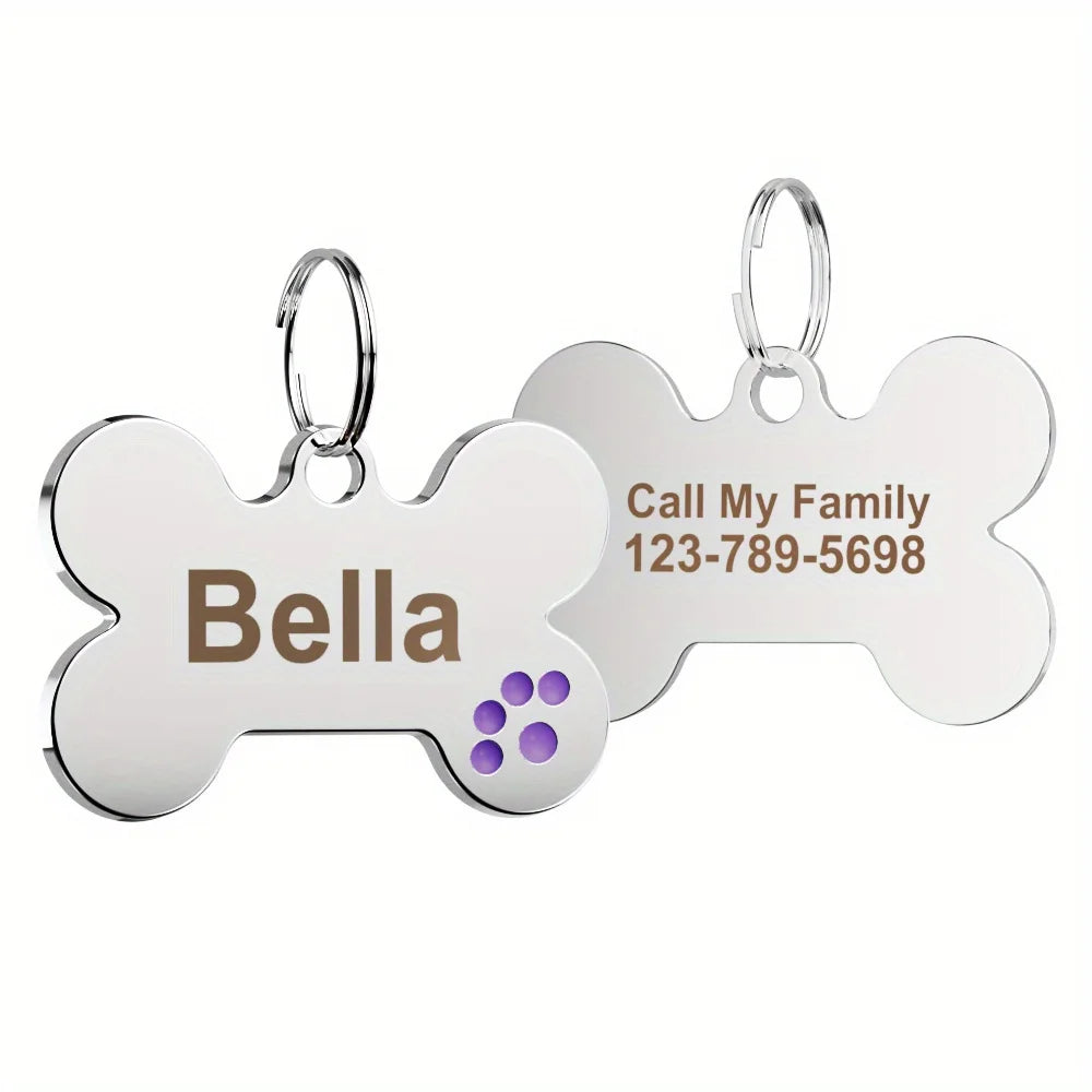 Custom Engraved Bone-Shaped Dog Tag - Personalized Pet ID Tag with Paw Print Design, Durable Metal Slide-On Collar Name Tag