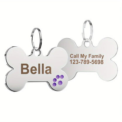 Custom Engraved Bone-Shaped Dog Tag - Personalized Pet ID Tag with Paw Print Design, Durable Metal Slide-On Collar Name Tag