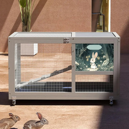 Fashionable Wood 36" Rabbit Hutch Indoor/Outdoor, on Wheels Bunny/Rabbit Cage with Clean Tray. Openable Roof